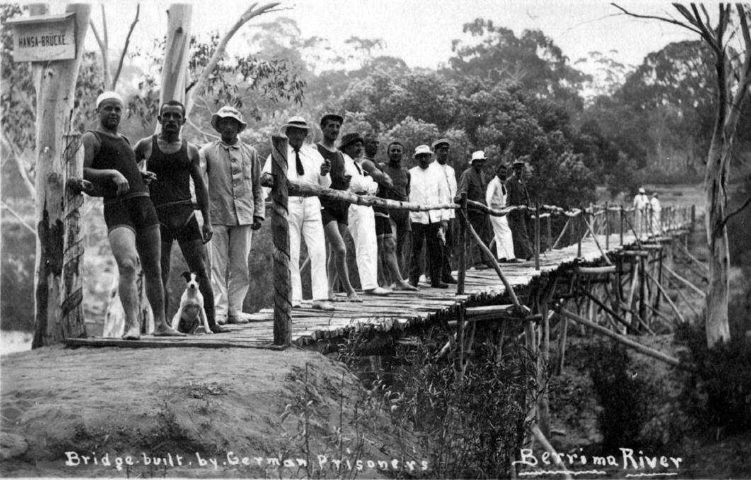 LEFT:STAYING FIT: Berrima internees on the river,  
RIGHT: STURDY: Bridge over river built at Berrima by internees from the Hansa group of shipping lines, 1915. 
      Photos: BHS&FS