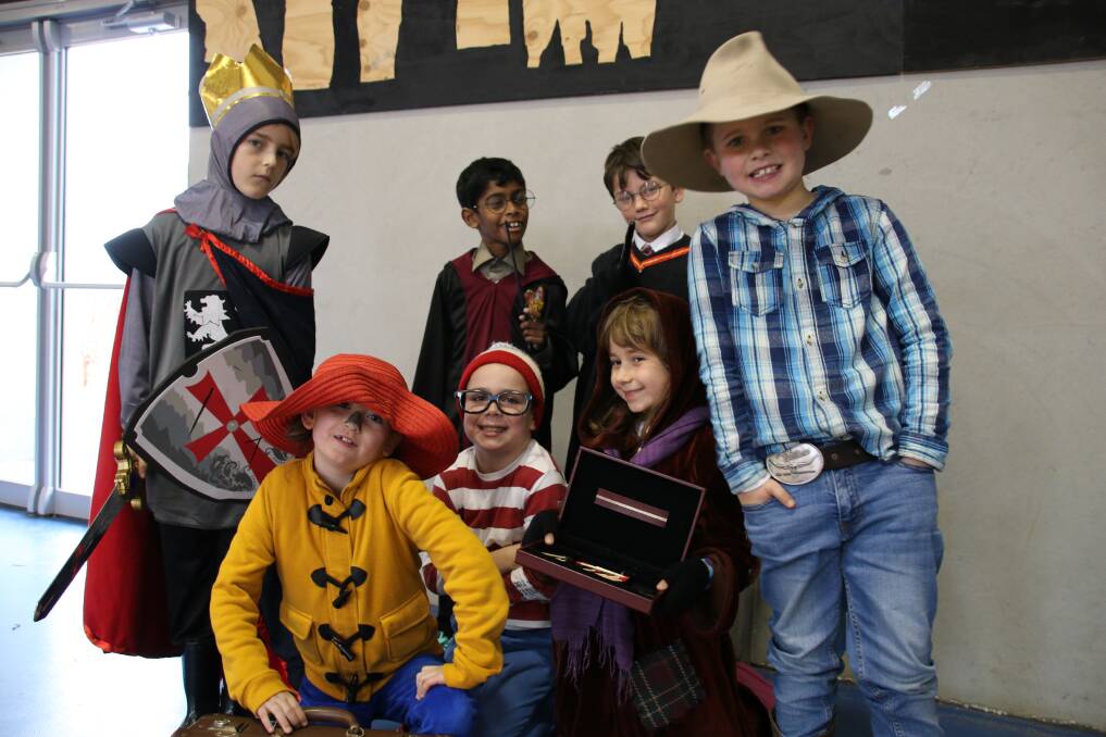 Baelian Wilms dressed as King Arthur for Book Week, pictured with two Harry Potters - Nemika De Zoysa and Josiah De Horne, cowboy Oscar Turner and Paddington Bear Millie Mclean at front with Little Match Girl Diana Paicu and - if you can find him - Cameron Riley as Where's Wally? Photo by Victoria Lee