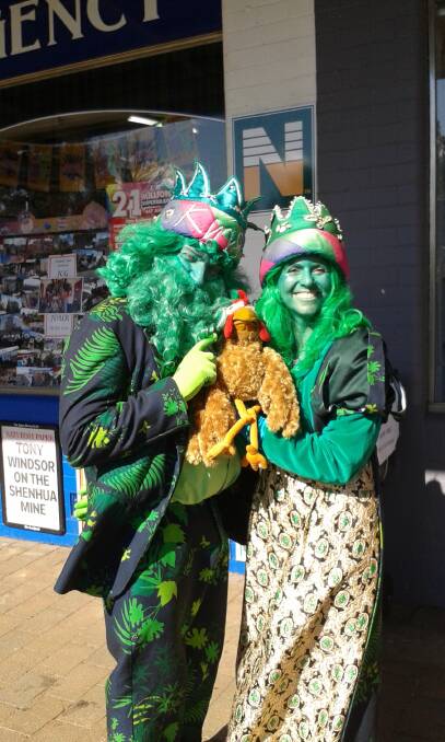 The King and Queen of Green from the Eaton Gorge Theatre Company, spreading the word about composting, worms and chooks in Bundanoon last Sunday. 	Photo supplied