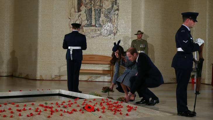 POOL PHOTO: Catherine, Duchess of Cambridge and Prince William, Duke of Cambridge, lay a floral tribute at the Tomb of the Unknown Australian soldier during the ANZAC Day ceremony at the Australian War Memorial in Canberra, on the final day of the Royal Tour of Australia, on Friday 25 April 2014. Photo: Alex Ellinghausen Photo: Alex Ellinghausen