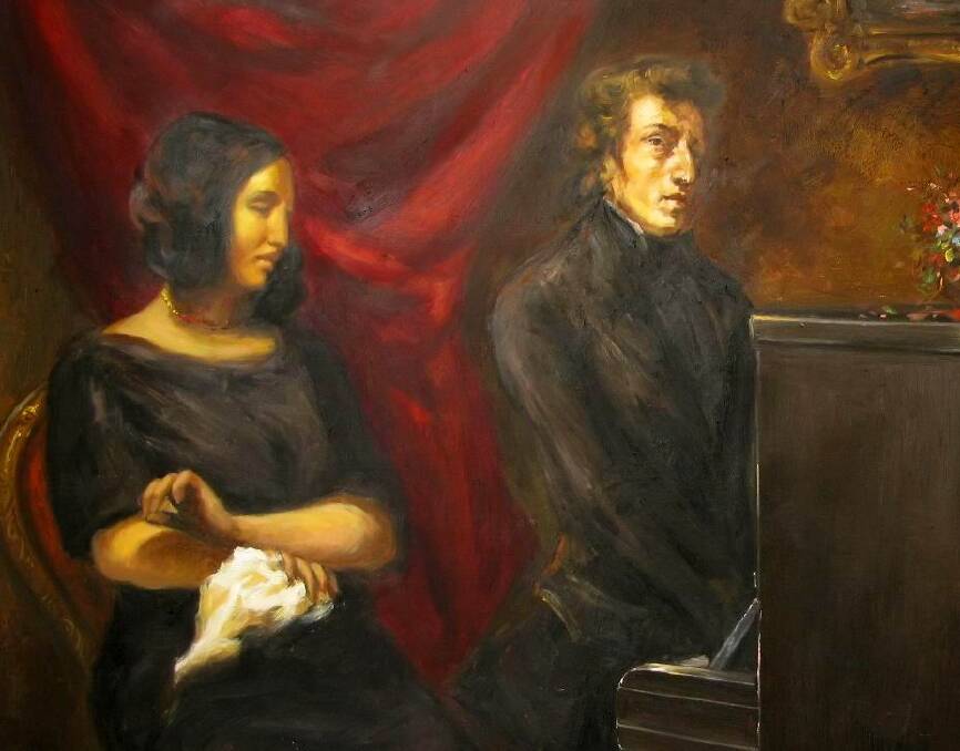 CHOPIN and his mistress Aurore Dupin painted by their friend, French artist Eugene Delacroix. Persons unknown ultimately cut the original in half and sold each "portrait" separately; this is a Photoshop of how the original would most likely have looked. (Wikimedia)