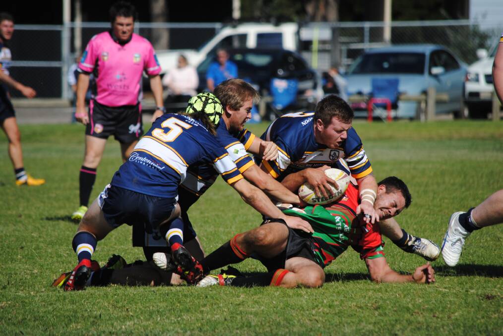 Bundanoon's Mitch Conquest (right) scored a late try to salvage a draw for his side on Saturday against Narellan Blue. Photo by Josh Bartlett