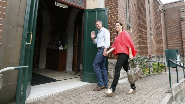 Mike Baird and his wife, Kerryn, at St
Matthew's Anglican Church in Manly on Sunday. Photo: Peter Rae