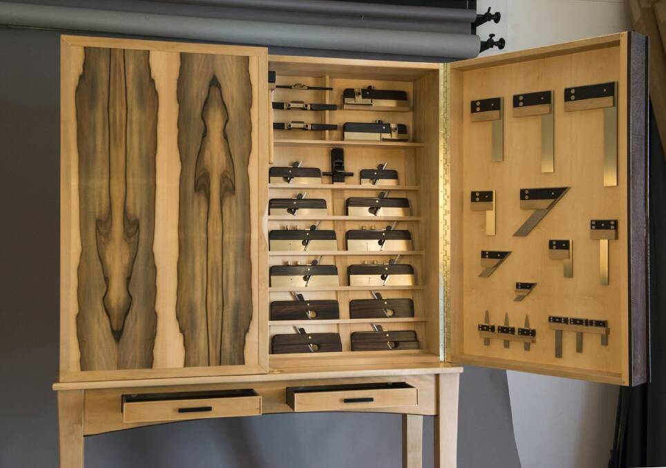 INSET: The cabinet and its custom-made tools are valued at $59,000. It's primarily made of Tasmanian sassafras with ebony detail, echoed in the planes, gauges and squares. Photo supplied