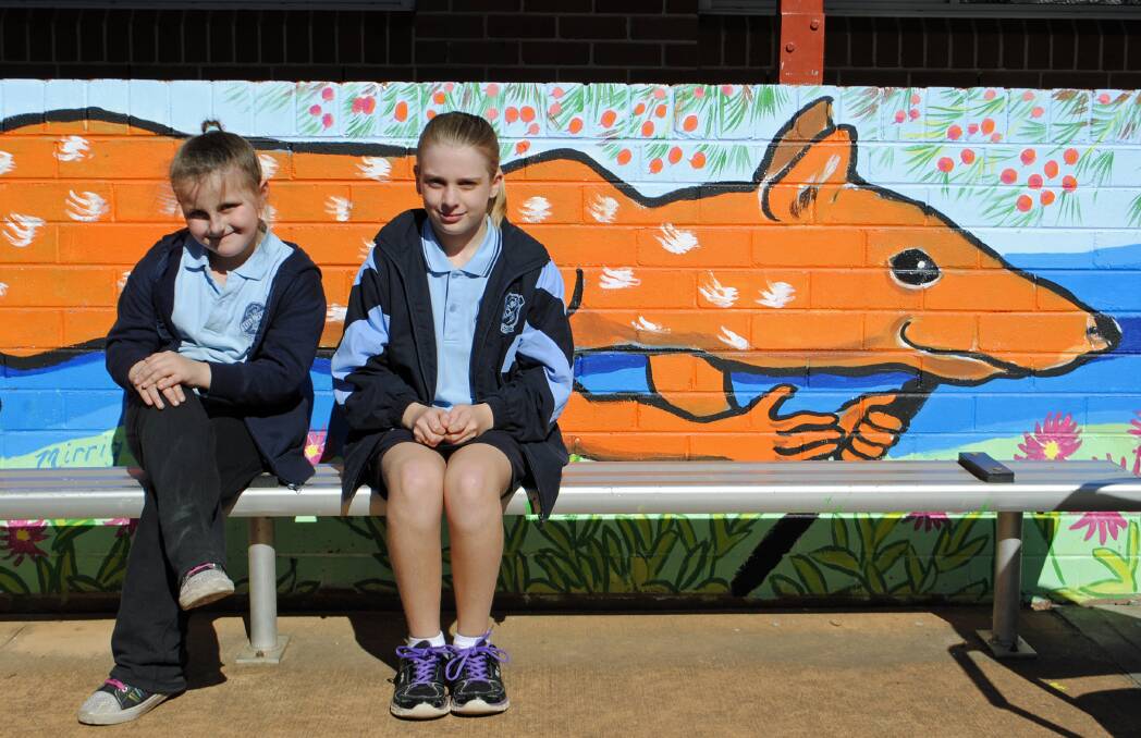 Jessie, Year 2, and Kiara, Year 6, with a second mural, of the Dreamtime story of Mirrigan, who chased Gurrangutch, forming the landscape around the Southern Highlands. 	Photo Ainsleigh Sheridan