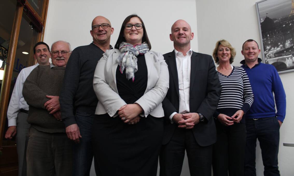 Members of the Southern Highlands Branch of the National Party (back), Rick Madelson, Valentine Tyson, Jan Mandelson and Nick Cleary with members of the Legislative Council for the National Party Trevor Khan, Sarah Mitchell and Niall Blair. Photo by Megan Drapalski