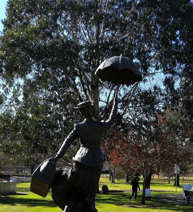 The famous Mary Poppins statue has switched once again to face the Bradman Museum. Photos supplied