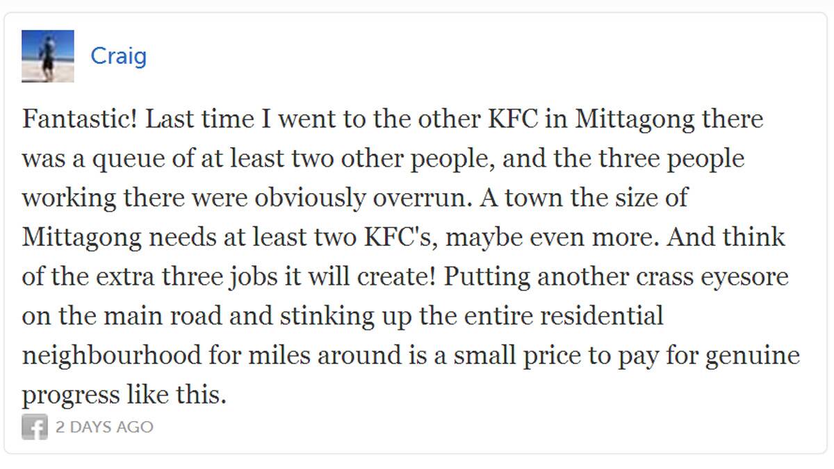 Online reaction to planned Mittagong KFC