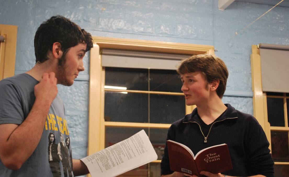 Nelson Geer and Samuel Mills rehearse a scene from the new Highlands production, The Ghost Train. Photo supplied