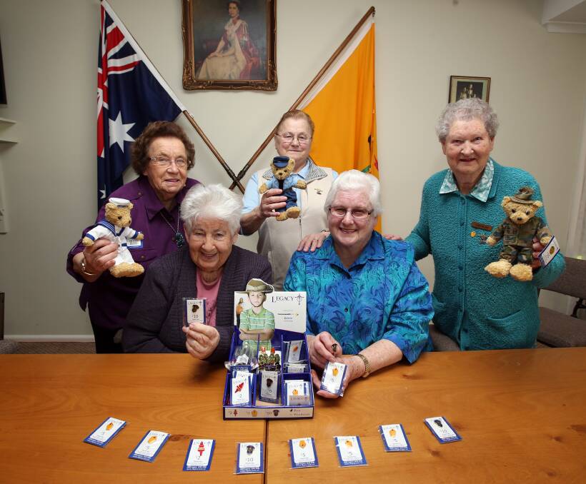 Legacy members Gwen Cross, Olive Francis, Anna Hollingsworth, Heather Morris and Lois Blain will be selling badges and War Teddy Bears across Australia. Photo: FDC