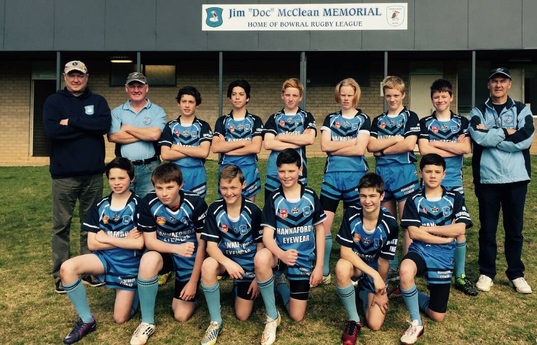 The Bowral under-14s junior rugby league team. (Back) League Safe officer Scott Morton, sports trainer Peter Howard, Harry Nash, Josh McGarry, Darcy Howard, Bailey Hunt, Jack Howard, Ben Mitchell and coach Peter Dunn. (Front) Caleb McGarry, Bailey Gunning, Ryan Morton, James Morton, Alex Dunn and Matthew Abela. Photo supplied