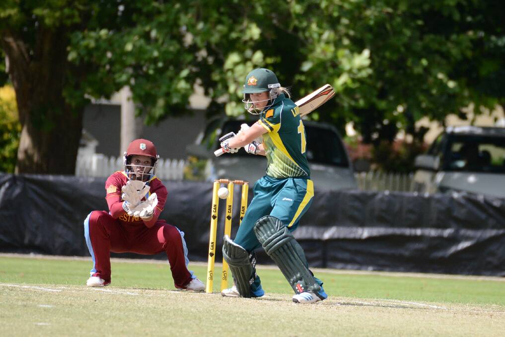 Australia's Meg Lanning keeps both eyes on the ball as she plays a cut shot on her way to 135 not out.

Photo by Roy Truscott