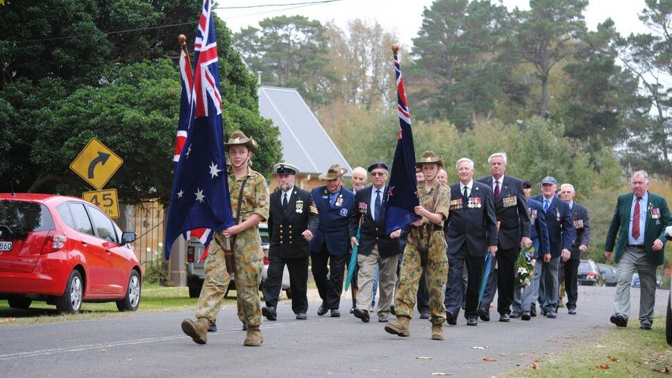 Chevalier College Cadets and ex-servicemen march in the Sutton Forest Anzac Service.