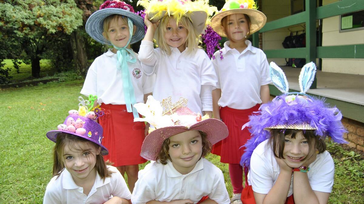 Exeter Public kindergarten students Alice West, Freya Davies, Scarlett Howard, Antonia Fagan, Sarah Dunstan and Evangeline DeNooy in their Easter hats.  Photo by Emma Biscoe