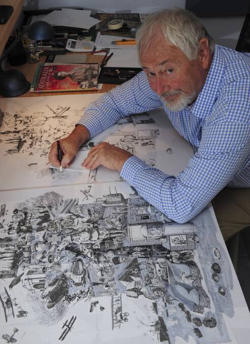 Yarralumla artist, Jim Kaucz, at his home studio, working on a pen and ink poster, depicting scenes from World War One, which will be available through Fairfax Media, to commemorate 100 years since the landing on Gallipoli. Photo by Graham Tidy