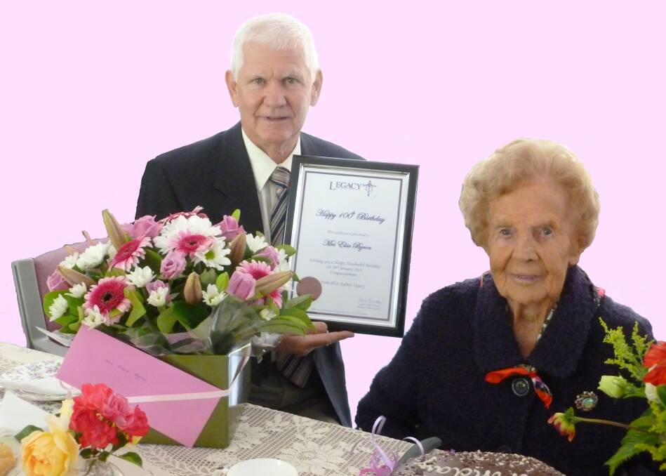 Honorary secretary, Legatee Rex Ingram, presents a 100th birthday certificate to Elsie Byron, who celebrated the milestone in January. Legacy reminds people to remember the families of veterans on Anzac Day. Photo supplied