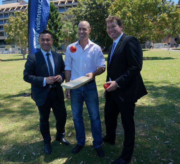 Minister for Regional Tourism John Barilaro, former Australian cricketer Michael Bevan and NSW Deputy Premier Troy Grant.  Photo supplied