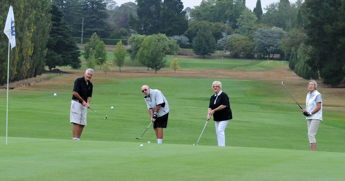 Robert Eriksson, Tony Dick, ladies captain Helen Chadwick and ladies vice captain Stephne Whiteway are ready for the Mixed Masters competition this weekend held at Bowral, Mt Broughton and Moss Vale Golf Clubs.	Photo by Lauren Strode
