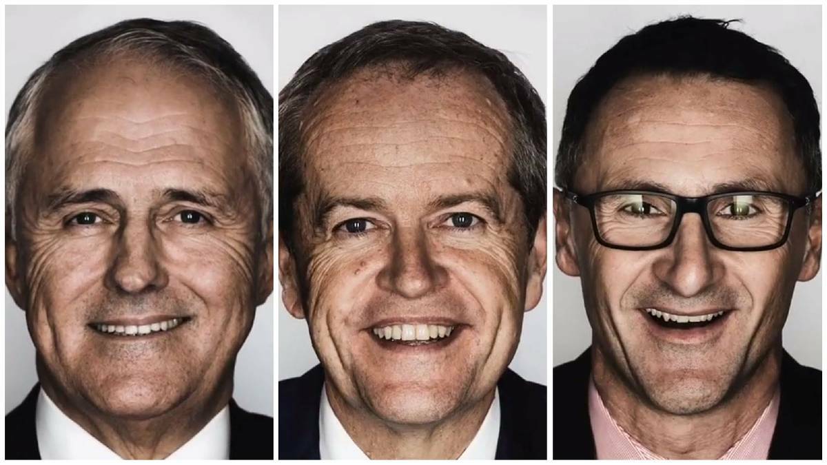 Portraits of Malcolm Turnbull, Bill Shorten and Richard Di Natale. Pic on Instagram by @NicWalker101