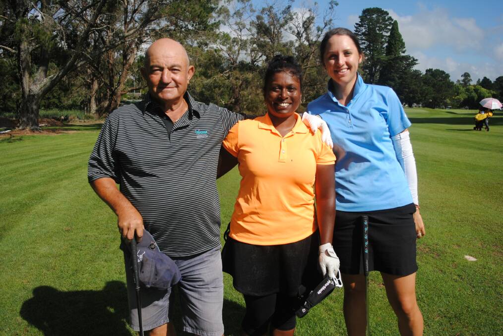 Tony Tozzi, Keshni Mudaliar and Jemma Partridge enjoy a round of golf during the Moss Vale Classic. Photo by Josh Bartlett