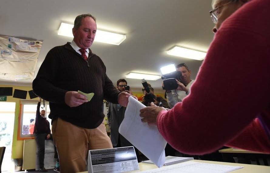 Barnaby Joyce casts his vote at Woolbrook Public School - his old stomping ground. Pic: Gareth Gardner