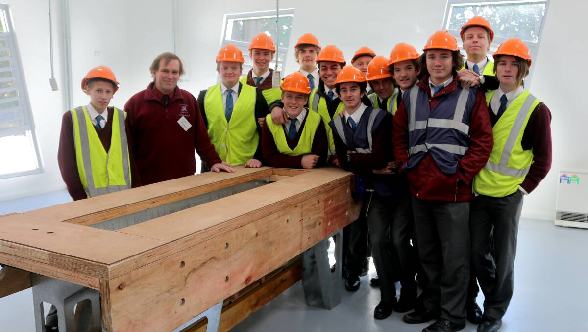 A group of Chevalier students from the Year 12 construction course in the new Highlands Trade Skills Centre at Chevalier College. Photo by Victoria Lee