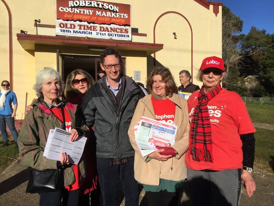 Member for Whitlam Stephen Jones with Labor volunteers at the polling booth in Robertson. Photo supplied