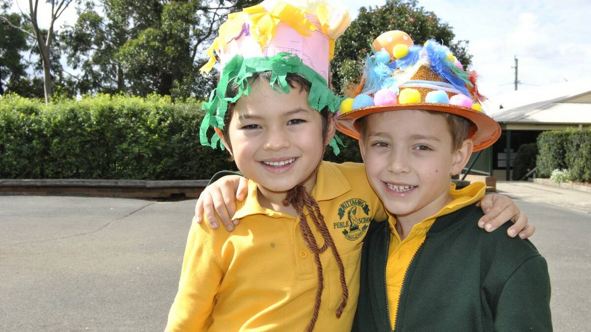 Zen Schwarze and Charlie Vamvakaris in their Easter hats. Photo by Emma Biscoe