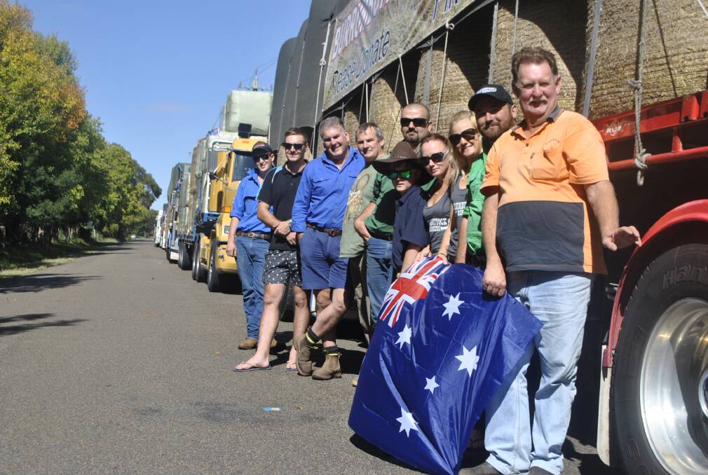 Kevin Henderson, Graeme O'Donnell, Samantha Willis, Heath Willis, Jake Willis, Leah Byrne, Joel Lidgard, Ray Lidgard, Beau Moran and Henry Haylock were among the many generous drivers and families who embarked on the Burrumbuttock hay run. Photo by Emily Bennett