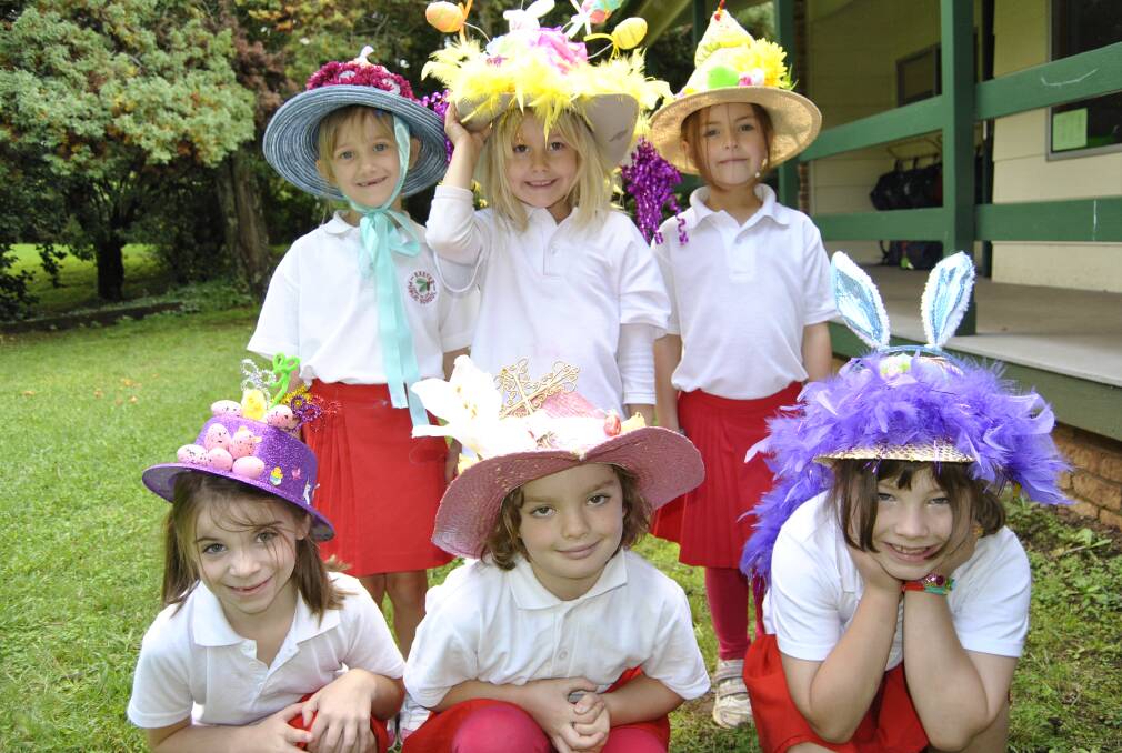 Exeter Public kindergarten students Alice West, Freya Davies, Scarlett Howard, Antonia Fagan, Sarah Dunstan and Evangeline DeNooy in their Easter hats.  Photo by Emma Biscoe