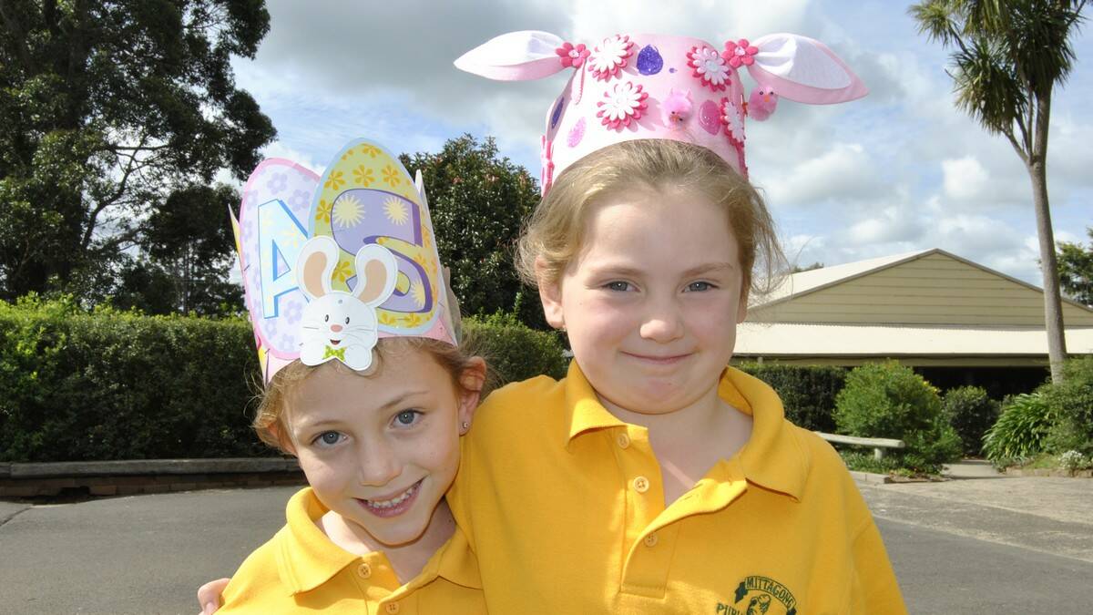 Scarlett Wyatt and Molly Hayes from Mittagong Public in their Easter hats. Photo by Emma Biscoe