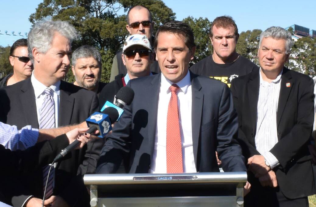 Labor spokesman for the Illawarra, and Keira MP, Ryan Park announces his party's steel plan. The pledge has been welcomed by steel campaigners, including South Coast Labour Council secretary Arthur Rorris (right). Picture: Andrew Pearson