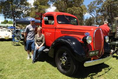 Stephen and Tanya Chalke- Holz with their 1938 Ford whcih was used as the Hill Top fire truck in the 1950s and 1960s. Photo by Roy Truscott