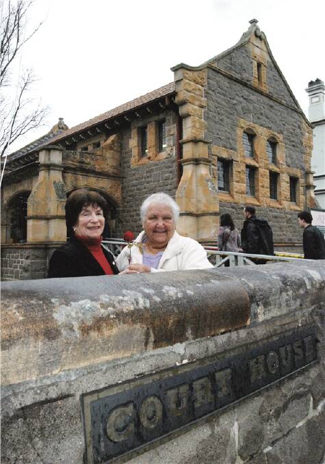 COURT IN SESSION:   Aboriginal elders Eleanor McIlwain and Val Mulcahy outside the Bowral Courthouse, now an Aboriginal Community Centre. Photo by Robyn Murray