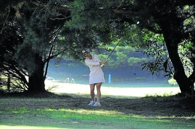 Ladies pro Annabel Rolley of Brisbane plays from under the trees.Photo by Roy Truscott
