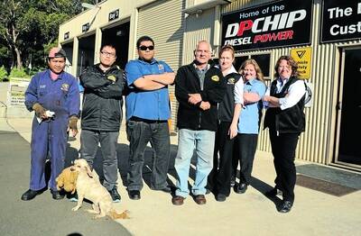 Pinky the dog is the only one happy in this photograph as the rest - Jimmy Catipay, Michael Zhang, Mick Carlilie, Reinhard Leinroth, Debbie Charlesworth, Jacqui Keogh and Donna Hopkins plus the rest of the staff at Berrima Diesel face losing their jobs.	Photo by Roy Truscott