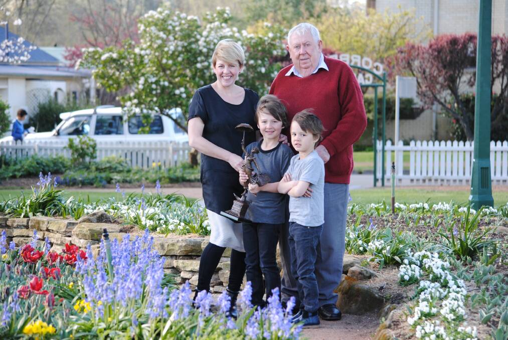 Samantha Hancock, SHYAC subcommittee chair Terry Oakes-Ash, Archie Hancock and his brother Monty are excited for the life-size statue to appear in Bowral.	Photo by Dominica Sanda