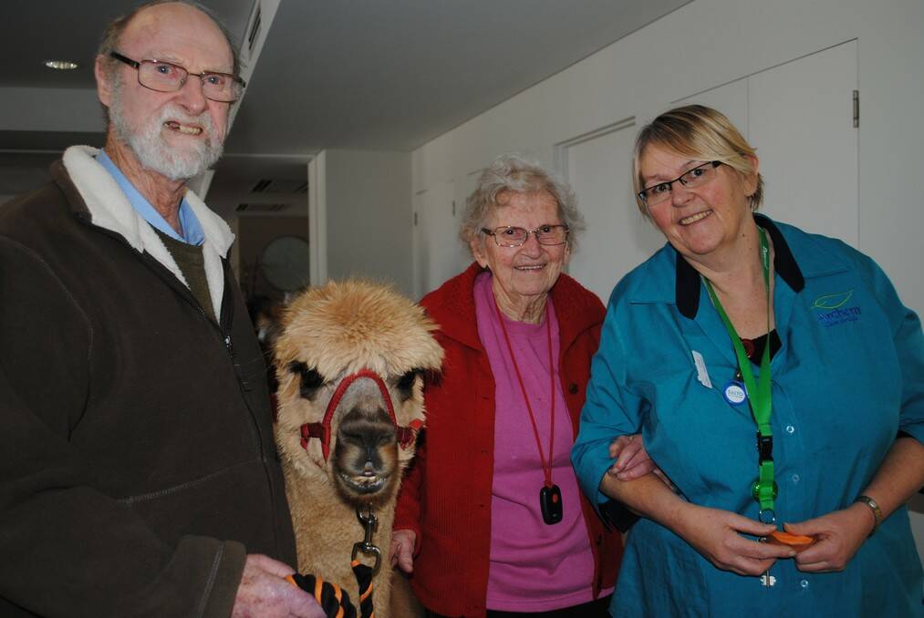Frank McSweeny gives Honeycomb a pat with Mary Olsen and personal carer Lisa Buttigiek. Photo by Emma Biscoe