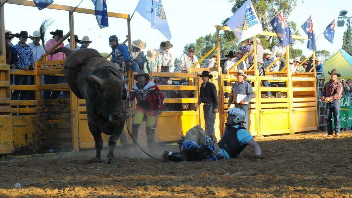 Highlands novice bull rider Harry Ash does his best to try and stay on the bull at the Moss Vale Rodeo. 