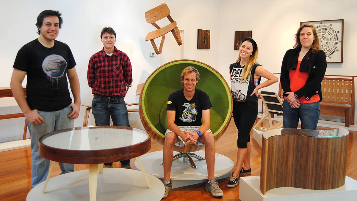 Fine furniture makers Simon Alterator, Vanessa Sternbeck, Benjamin Percy, Elise Cameron-Smith and Jessica Bazley-Smith at the Sturt Gallery. 	Photo by Emma Biscoe