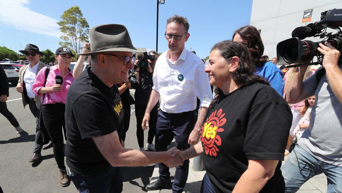 PM Anthony Albanese is welcomed to the Illawarra by Dharawal elder Dr Jodi Edwards. Picture by Robert Peet