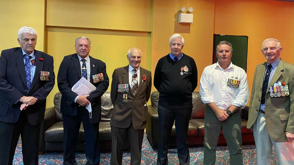 Eric Campbell, Bob McLaren, Dave Baxter, Col Enerson, Garry Knight and Dave Babbage at the Moss Vale RSL sub-Branch service. Picture: Briannah Devlin 