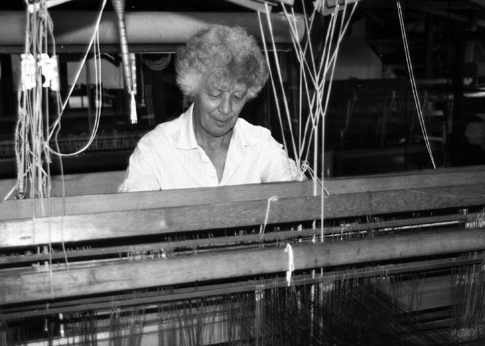 Elisabeth Nagel has had her work commissioned for places such as the Hong Kong Hilton Hotel, the Australian National University and St Columbus Church in Sydney. She also spun and dyed threads in Strut for a 100 year commission for the National Library in 1967. Picture: Sturt archives. 