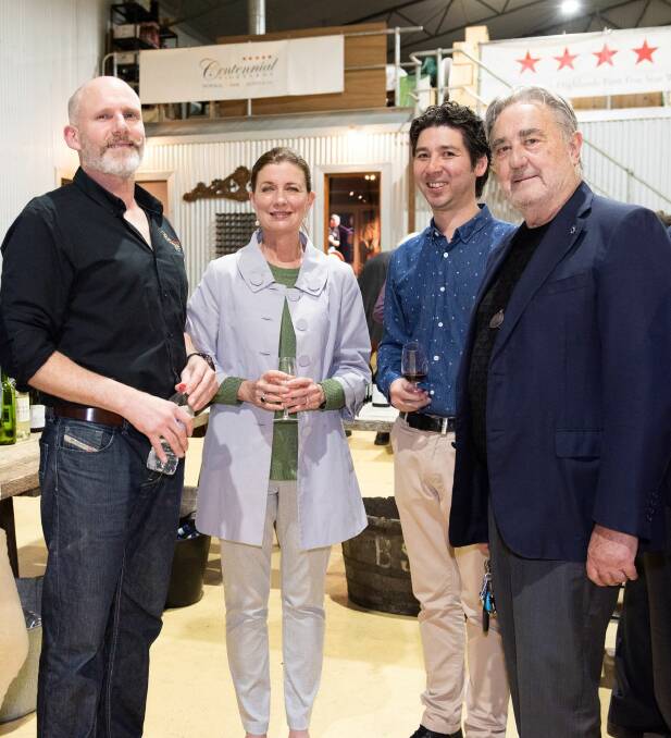 Centennial Vineyards winemaker Tony Cosgriff (left) celebrated the winery's win industry liasion Katrina Hill Cooper, Tertini Wines winemaker Johnathan Holgate and Southern Highlands Food and Wine Association President Jean-Marie Simart. Picture: Supplied 