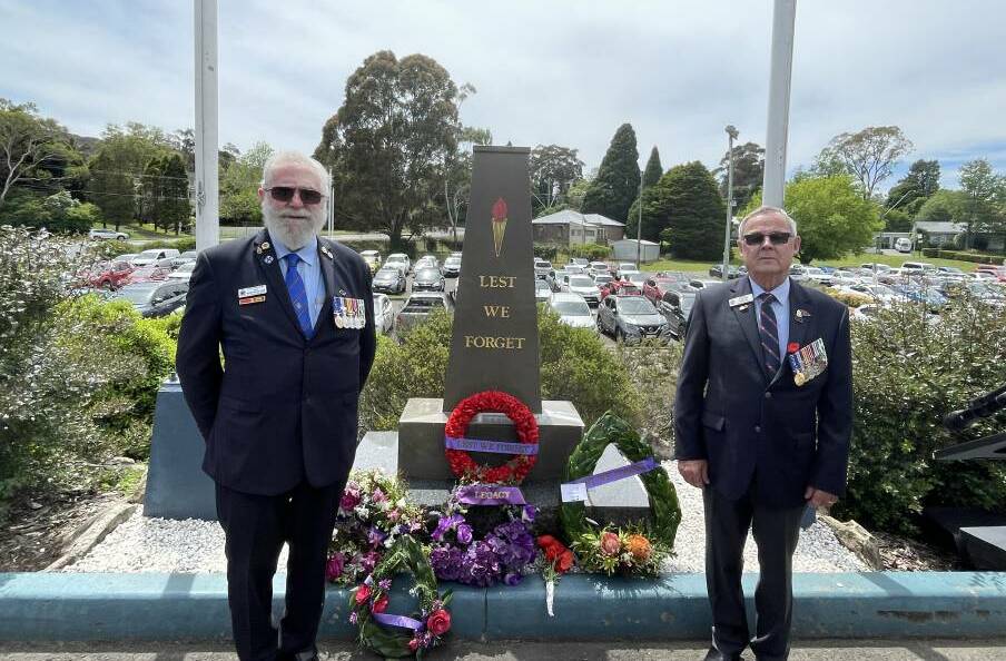 Mittagong RSL sub-Branch vice president Ray Kuschert OAM and president Stephen Spence OAM at the Mittagong RSL service in 2022. Picture by Briannah Devlin.
