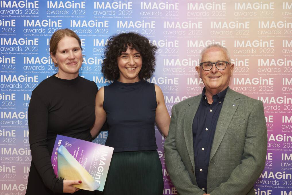 Ngununggula gallery's director Megan Monte, assistant director Milena Stojanovska and Museum and Galleries of NSW chair Ray Christison at the IMAGinE Awards, where the gallery was awarded for the Land Abounds exhibition. Picture by Lucy Parakhina. 