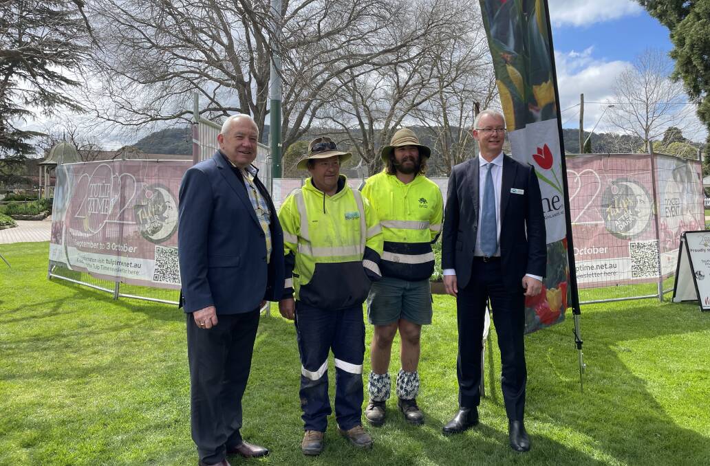 Interim administrator Viv May with Tulip Time's head gardener Rod McTernen, horticulturalist Fabian Monteleone and Harbison CEO David Cochran at the launch of Tulip Time at the Corbett Gardens on September 13, 2022. Picture by Briannah Devlin