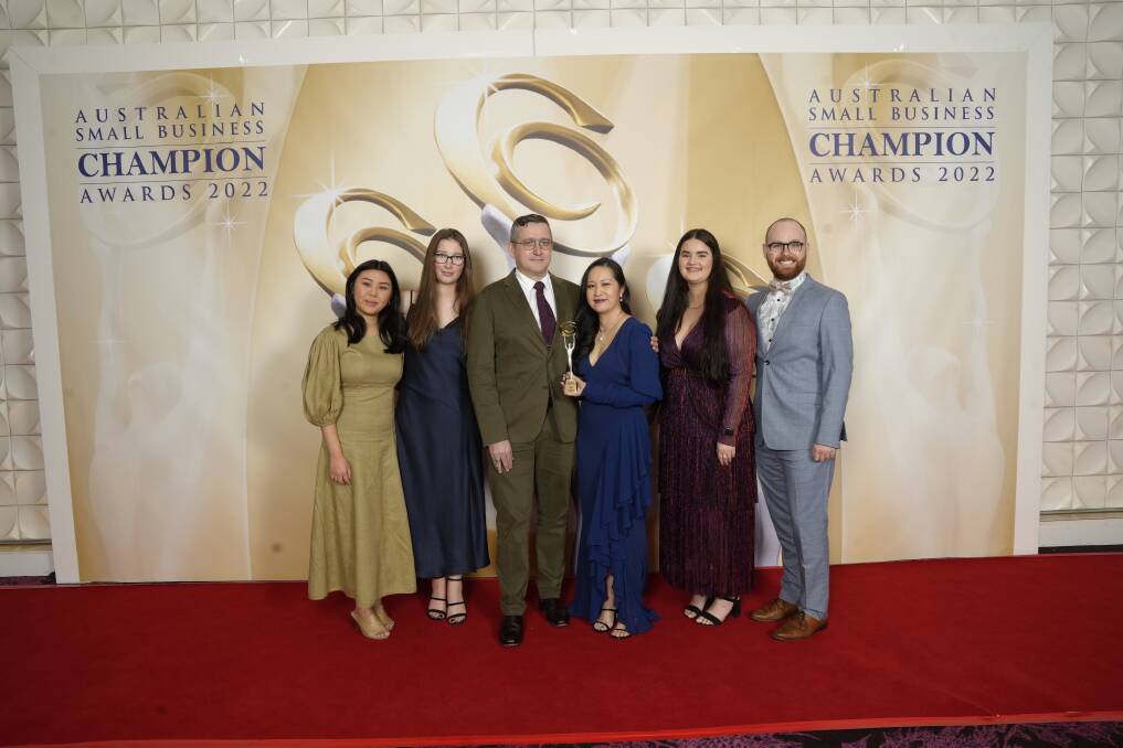 Hannaford Eyewear's Erin Tang, Eliza Bowmer, Grant Hannaford, Thao Hannaford, Katie Muscat and Jacob Owen at The Star Sydney, where the business was awarded best optometrist in the country at the Australian Small Business Champion Awards. Picture supplied. 