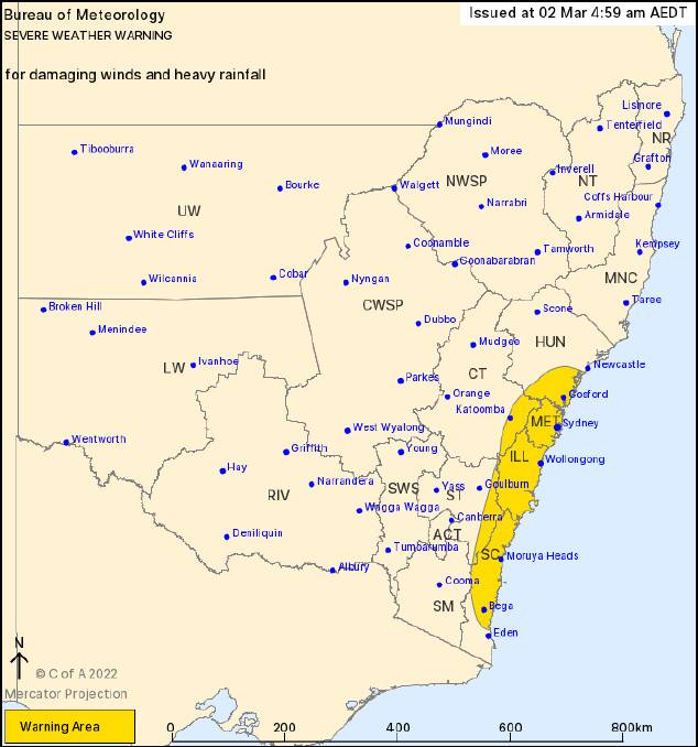 Potential areas impacted include Wollongong, Nowra, Bowral and Braidwood. Picture: Bureau of Metereology 