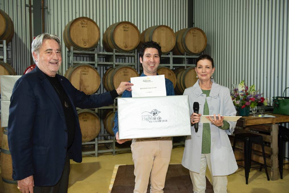 Tertini Wines winemaker Johnathan Holgate (middle) was awarded by Southern Highlands Food and Wine Association President Jean-Marie Simart (left) and indistry Liaison Katrina Hill Cooper. Picture: Supplied 